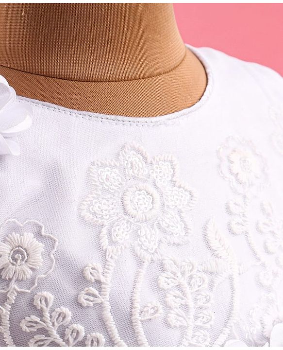 Babyhug Woven Sleeveless Floral Embroidered Fit & Flared Party Frock with Lace Cut Detailing & Corsage - White