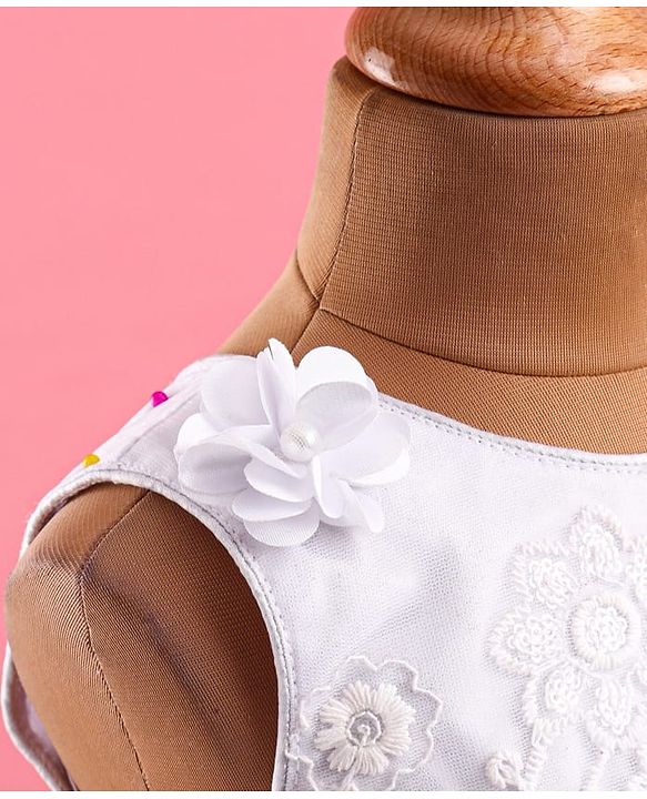 Babyhug Woven Sleeveless Floral Embroidered Fit & Flared Party Frock with Lace Cut Detailing & Corsage - White