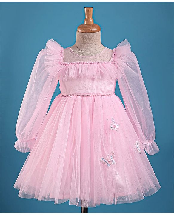 Babyhug Woven Full Puffed Sleeves Party Dress With Butterfly Applique & Pearl Detailing - Baby Pink