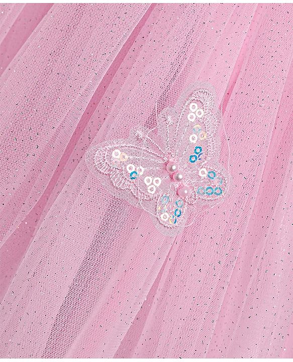 Babyhug Woven Full Puffed Sleeves Party Dress With Butterfly Applique & Pearl Detailing - Baby Pink