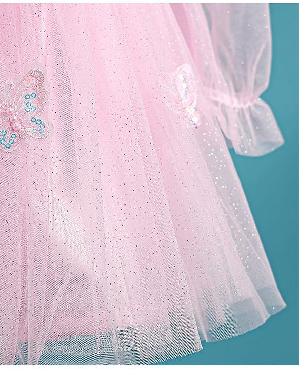 Babyhug Woven Full Puffed Sleeves Party Dress With Butterfly Applique & Pearl Detailing - Baby Pink