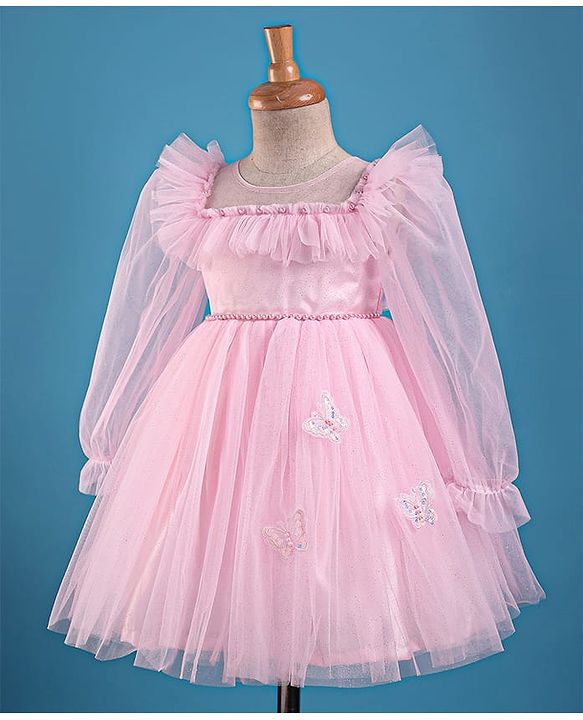 Babyhug Woven Full Puffed Sleeves Party Dress With Butterfly Applique & Pearl Detailing - Baby Pink