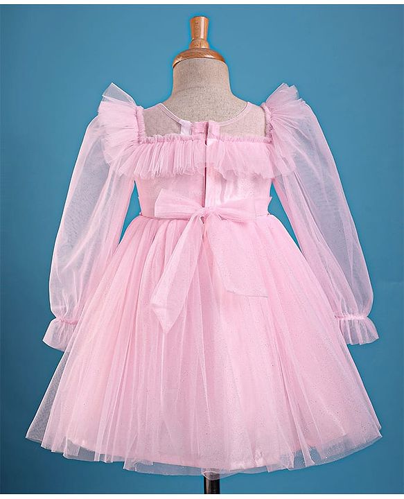 Babyhug Woven Full Puffed Sleeves Party Dress With Butterfly Applique & Pearl Detailing - Baby Pink
