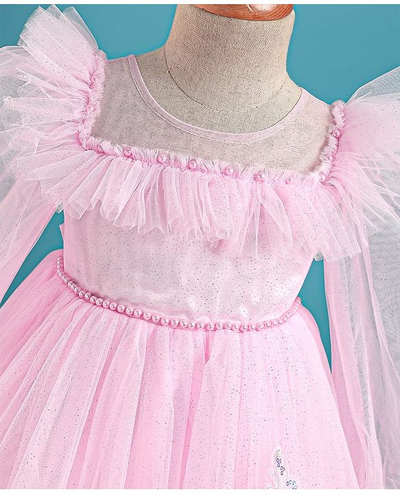 Babyhug Woven Full Puffed Sleeves Party Dress With Butterfly Applique & Pearl Detailing - Baby Pink