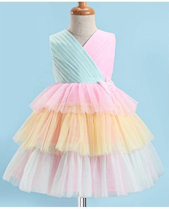 Babyhug Woven Sleeveless Party Dress With Glitter Print & Bow Applique - Pink