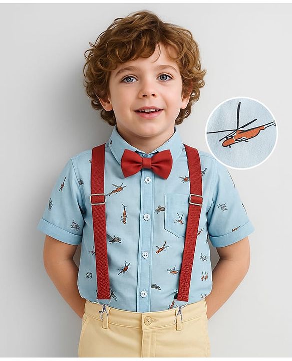 Babyhug Woven Full Sleeves Aeroplane Printed Party Shirt with Bow & Suspender - Light Blue