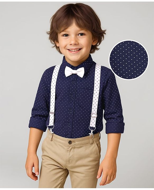 Babyhug  Woven Full Sleeves Polka Dots Printed Party Shirt with Bow & Suspender - Navy Blue