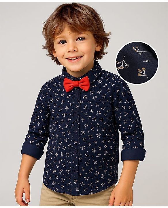 Babyhug Woven Full Sleeves Floral Printed Party Shirt with Bow - Navy Blue