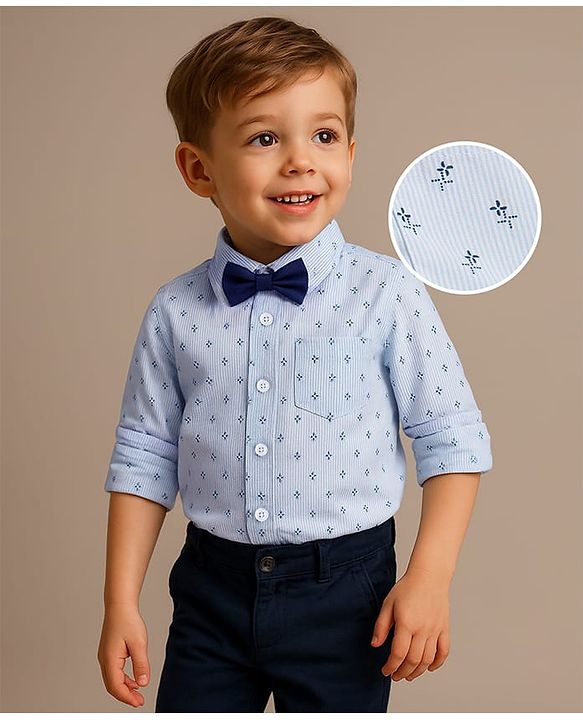 Babyhug Woven Full Sleeves Wind Mill Printed Party Shirt with Bow - Light Blue