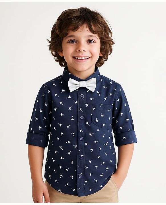 Babyhug Woven Full Sleeves Floral Printed Party Shirt with Bow - Navy Blue
