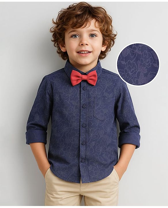 Babyhug Woven Full Sleeves Floral Printed Party Shirt with Bow - Navy Blue