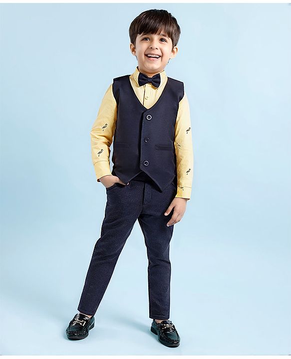 Babyhug Woven Full Sleeves 3 Piece Party Suit With Bird Print & Bow - Mustard & Navy Blue