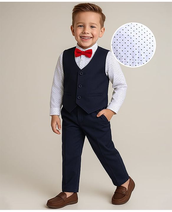 Babyhug Woven Full Sleeves Printed 3 Piece Party Suit With Bow - White & Navy Blue