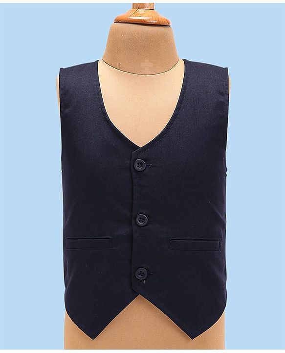 Babyhug Woven Full Sleeves Printed 3 Piece Party Suit With Bow - White & Navy Blue