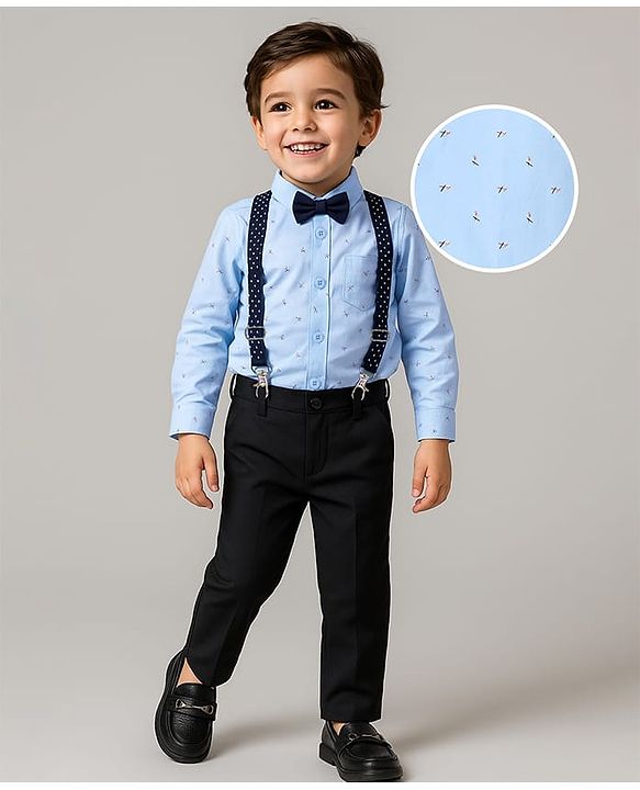Babyhug Woven Full Sleeves Printed Shirt & Trouser With Bow & Suspender - Light Blue