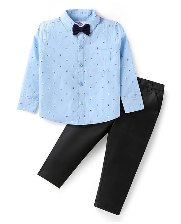 Babyhug Woven Full Sleeves Printed Shirt & Trouser With Bow & Suspender - Light Blue