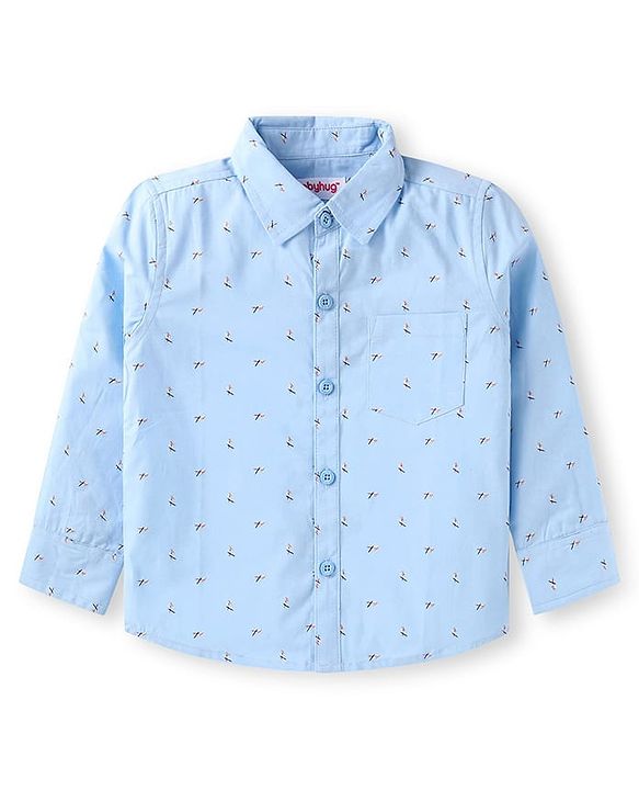 Babyhug Woven Full Sleeves Printed Shirt & Trouser With Bow & Suspender - Light Blue