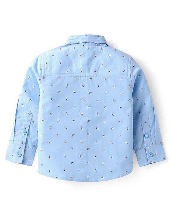 Babyhug Woven Full Sleeves Printed Shirt & Trouser With Bow & Suspender - Light Blue
