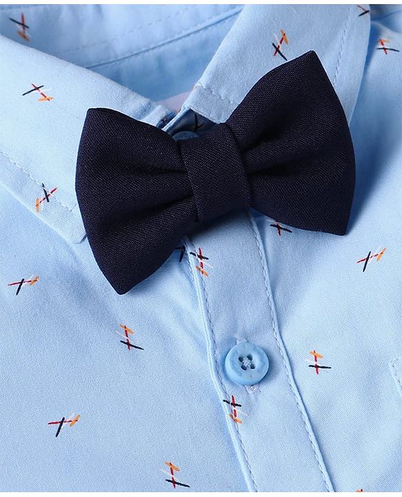 Babyhug Woven Full Sleeves Printed Shirt & Trouser With Bow & Suspender - Light Blue