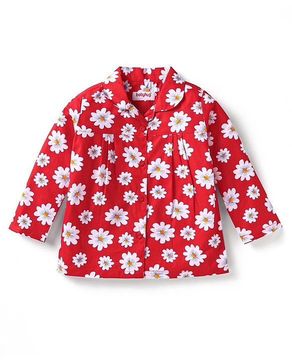 Babyhug Cotton Woven Full Sleeves Floral Printed Night Suit - Red