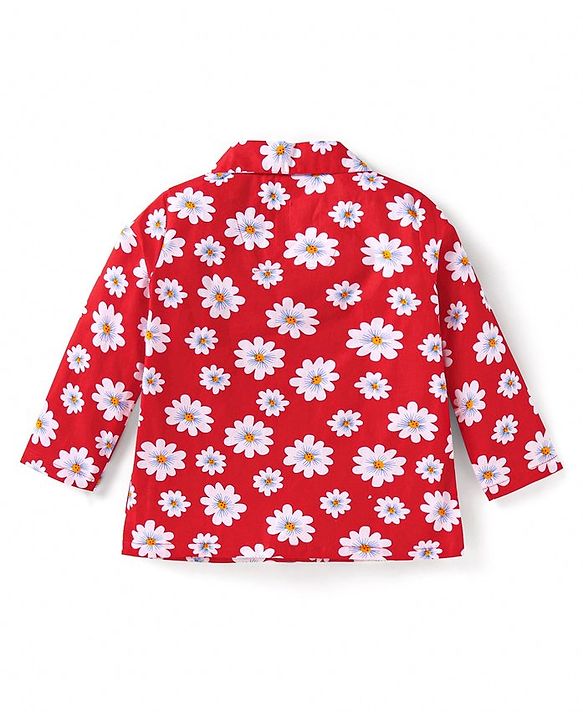 Babyhug Cotton Woven Full Sleeves Floral Printed Night Suit - Red