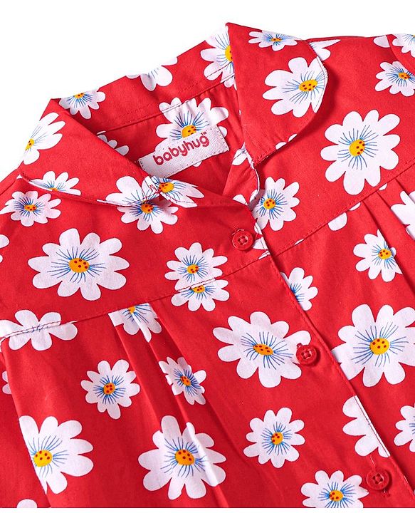 Babyhug Cotton Woven Full Sleeves Floral Printed Night Suit - Red