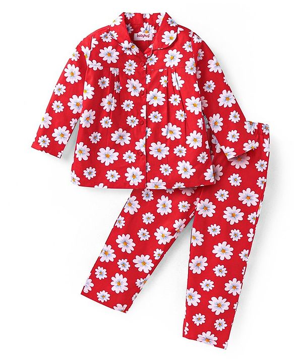 Babyhug Cotton Woven Full Sleeves Floral Printed Night Suit - Red