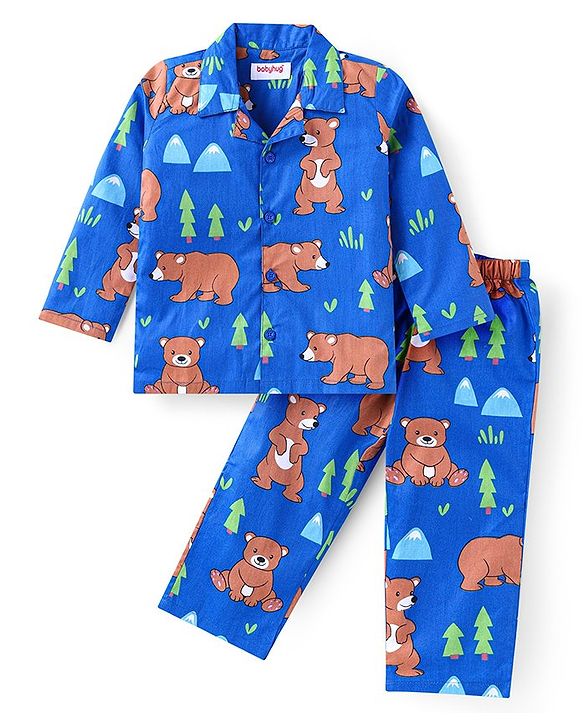 Babyhug Cotton Woven Full Sleeves Night Suit Bear Print - Blue