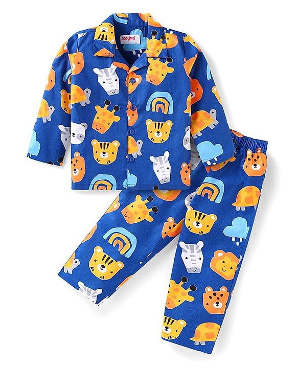 Babyhug Cotton Woven Full Sleeves Front Open Night Suit With Animals Print - Navy