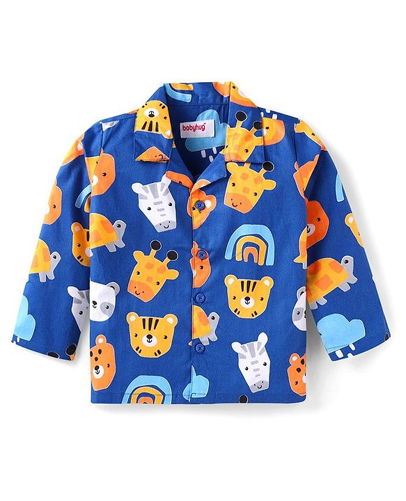 Babyhug Cotton Woven Full Sleeves Front Open Night Suit With Animals Print - Navy