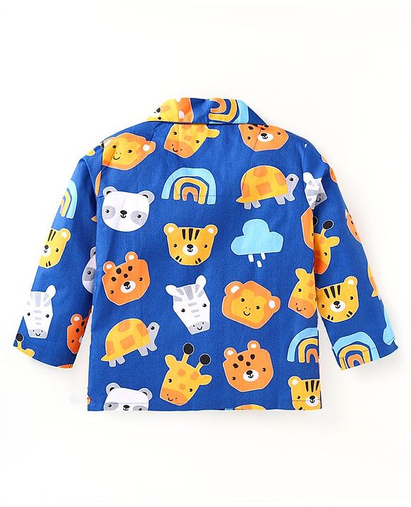 Babyhug Cotton Woven Full Sleeves Front Open Night Suit With Animals Print - Navy
