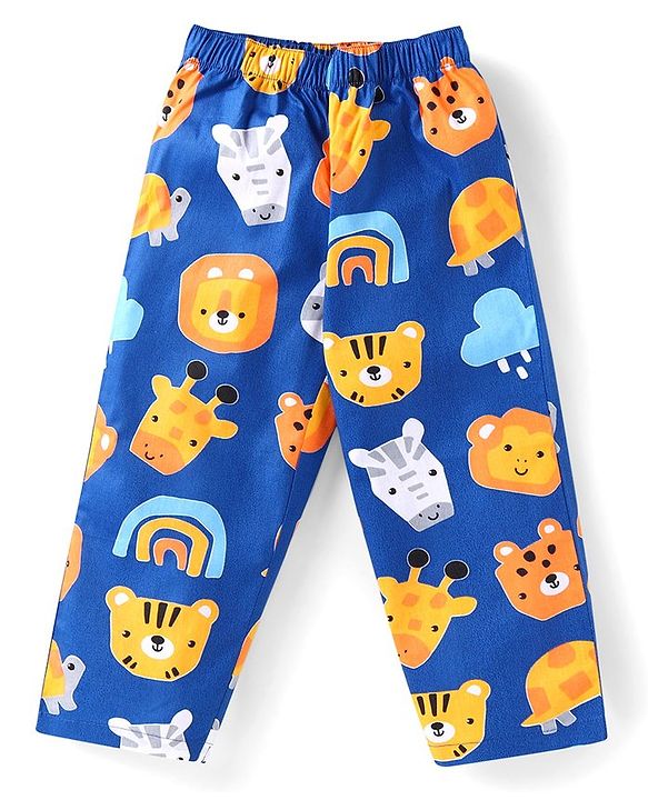 Babyhug Cotton Woven Full Sleeves Front Open Night Suit With Animals Print - Navy