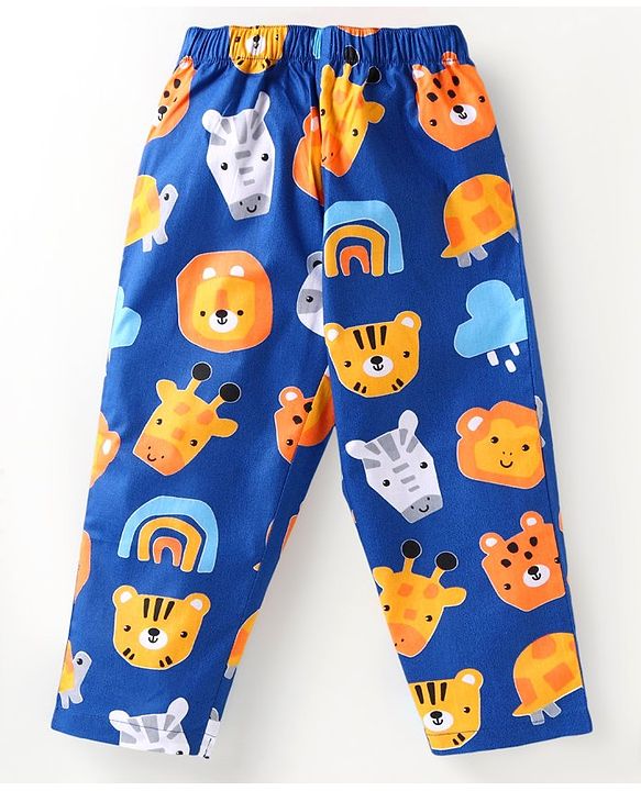 Babyhug Cotton Woven Full Sleeves Front Open Night Suit With Animals Print - Navy