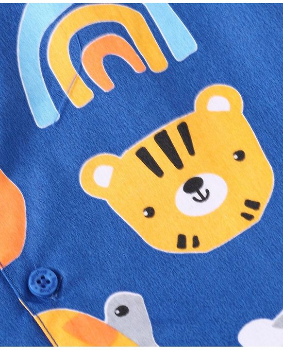 Babyhug Cotton Woven Full Sleeves Front Open Night Suit With Animals Print - Navy
