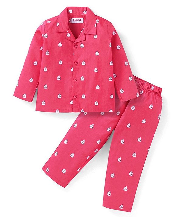 Babyhug Cotton Woven Full Sleeves Front Open Night Suit With Sailboats Print - Dark Pink