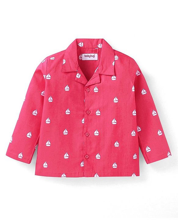 Babyhug Cotton Woven Full Sleeves Front Open Night Suit With Sailboats Print - Dark Pink