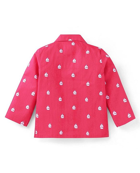Babyhug Cotton Woven Full Sleeves Front Open Night Suit With Sailboats Print - Dark Pink