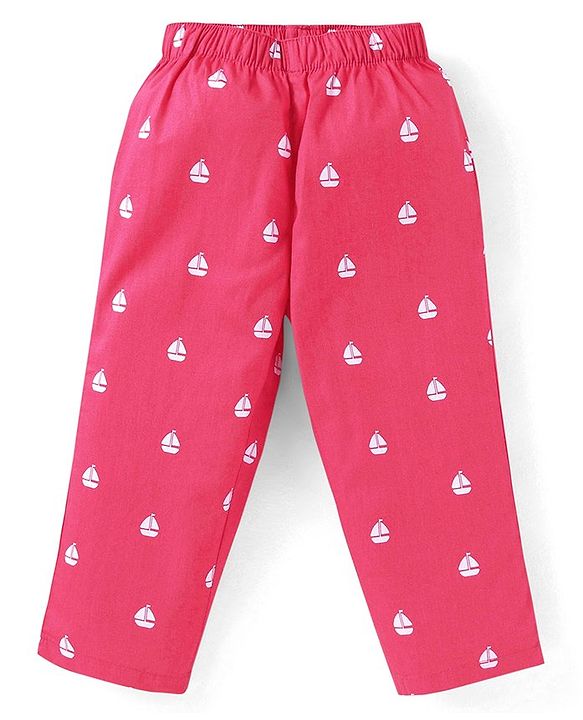 Babyhug Cotton Woven Full Sleeves Front Open Night Suit With Sailboats Print - Dark Pink