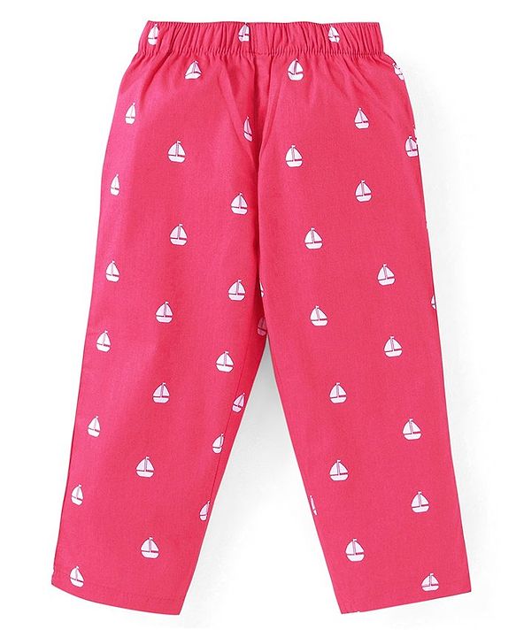 Babyhug Cotton Woven Full Sleeves Front Open Night Suit With Sailboats Print - Dark Pink