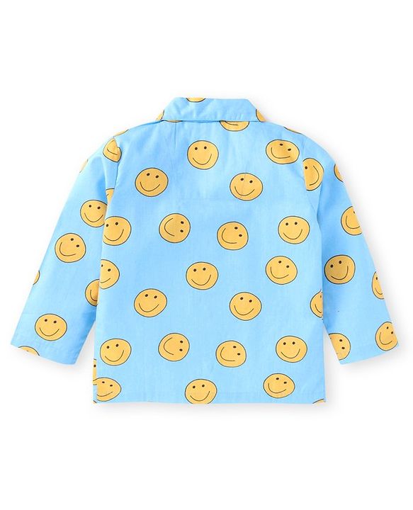 Babyhug Cotton Woven Full Sleeves Smiley Printed Night Suit - Light Blue