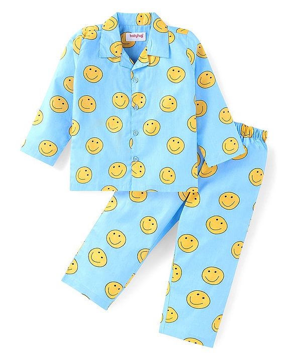 Babyhug Cotton Woven Full Sleeves Smiley Printed Night Suit - Light Blue