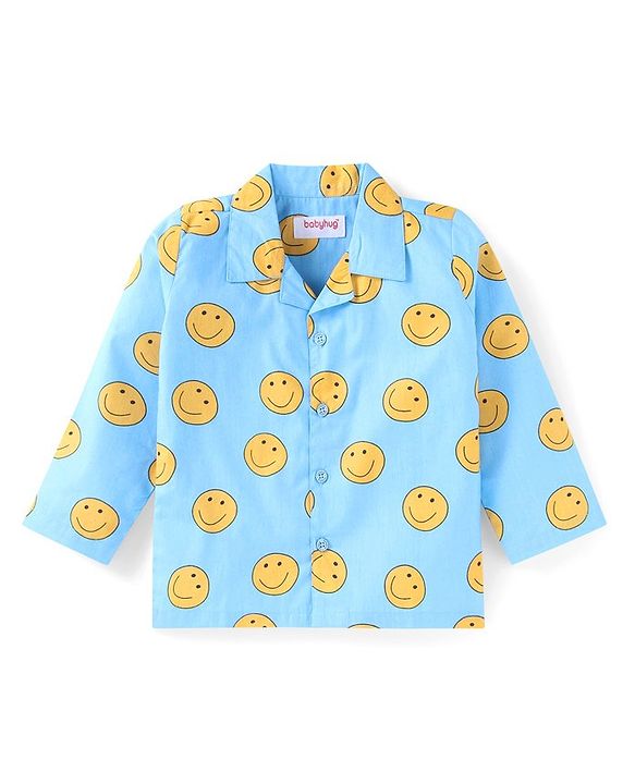 Babyhug Cotton Woven Full Sleeves Smiley Printed Night Suit - Light Blue