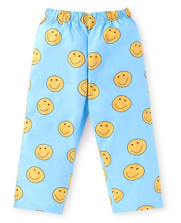 Babyhug Cotton Woven Full Sleeves Smiley Printed Night Suit - Light Blue