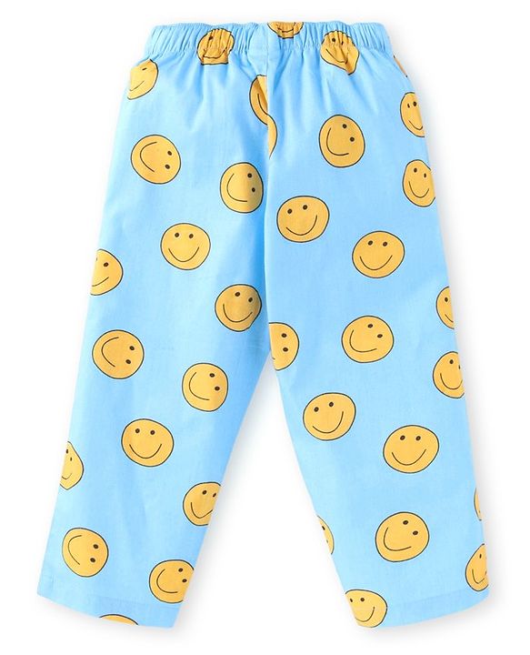 Babyhug Cotton Woven Full Sleeves Smiley Printed Night Suit - Light Blue