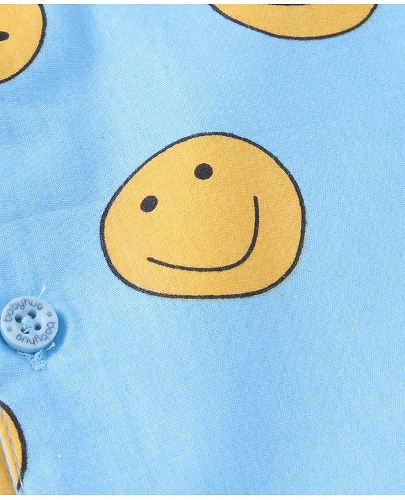 Babyhug Cotton Woven Full Sleeves Smiley Printed Night Suit - Light Blue