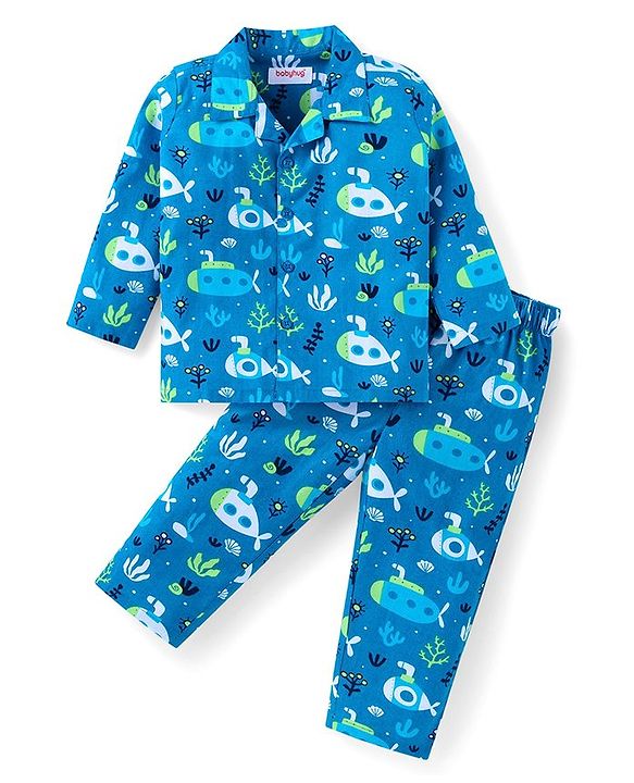 Babyhug Cotton Woven Full Sleeves Front Open Night Suit With Sea Life Print - Blue