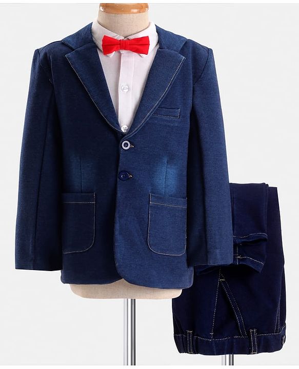 Babyhug Woven Full Sleeves Solid Color 3 Piece Party Suit with Bow - Navy Blue