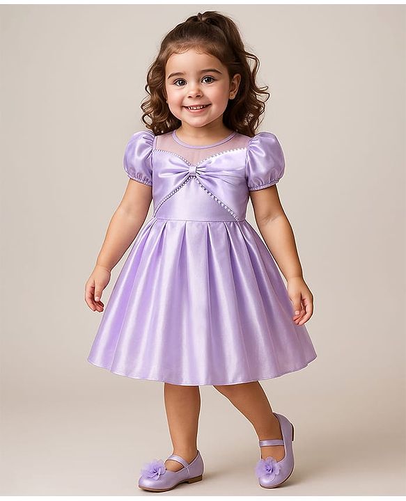 Babyhug Woven Half Puffed Sleeves Solid Colour Fit & Flared Pleated Party Dress with Pearl Detailing - Lilac