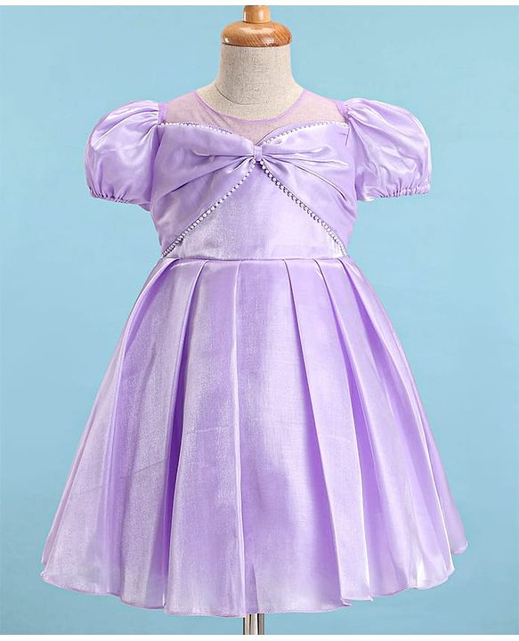 Babyhug Woven Half Puffed Sleeves Solid Colour Fit & Flared Pleated Party Dress with Pearl Detailing - Lilac