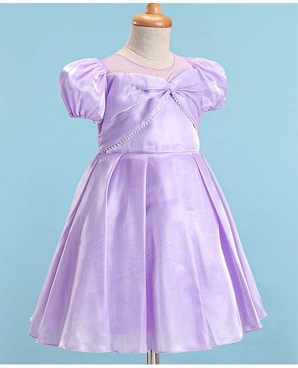 Babyhug Woven Half Puffed Sleeves Solid Colour Fit & Flared Pleated Party Dress with Pearl Detailing - Lilac